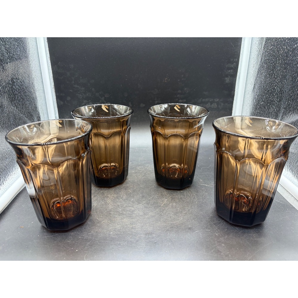 Vintage Smoky Brown Glass Tumblers Set of 4 Paneled MCM Juice Water Glasses 4.5"